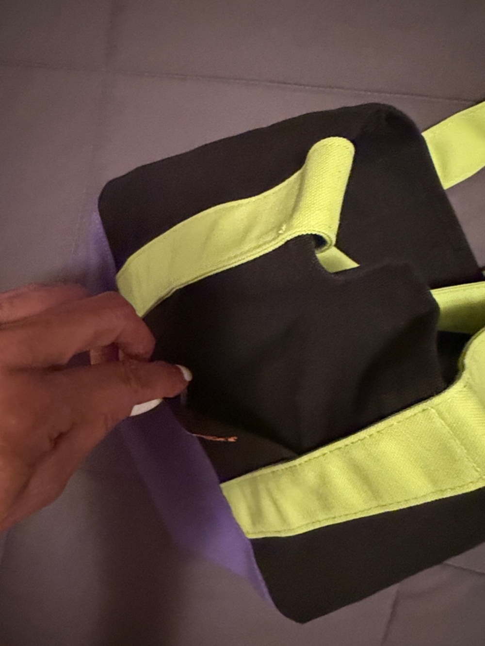 Trader Joe’s Black Canvas Tote Bag with Yellow Handles and Purple Base w double - Picture 3 of 5